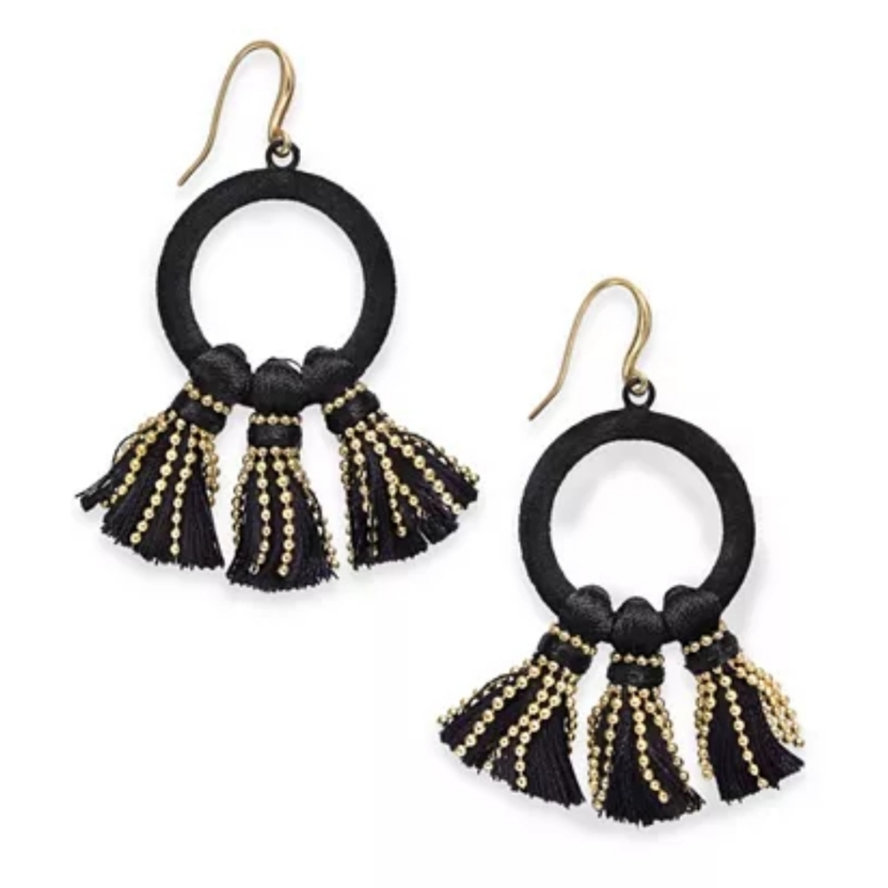 INC GOLD-TONE VELVET HOOP & TASSEL DROP EARRINGS.